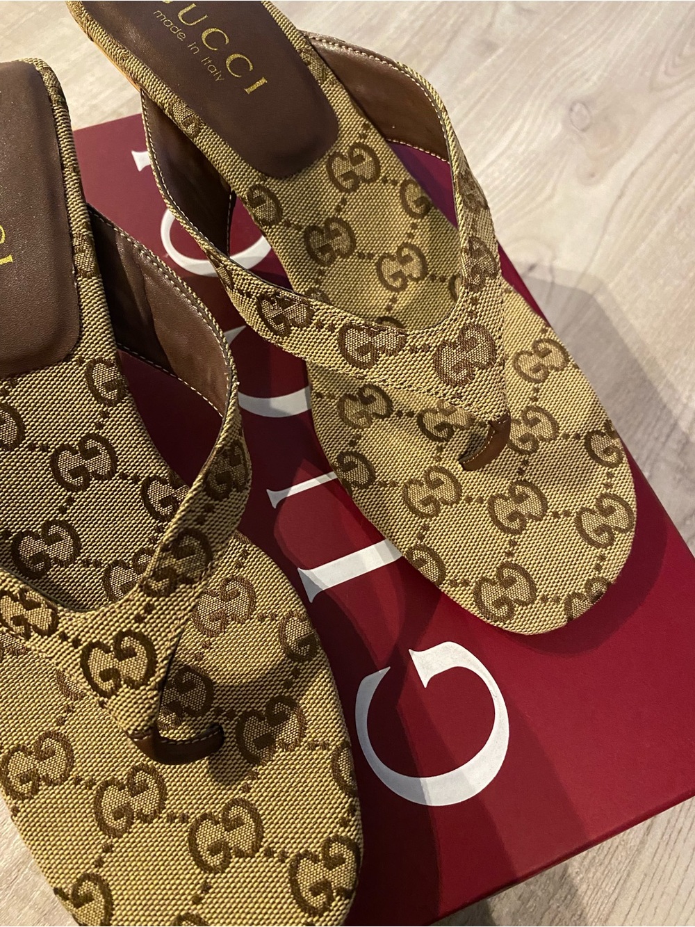 Gucci Vittoria Brown Monogram Thong Kitten Heel Sandals - Women's